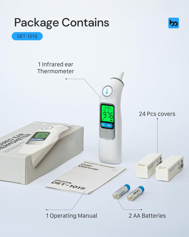 [Australia] - Ear Thermometer, Highly Accurate Ear Thermometer for Kids, Adults and Babies, 30 Memory Recall, 1s Result and 3-Color Fever Alert, with 24 Disposable Probe Covers, White LCD-White 