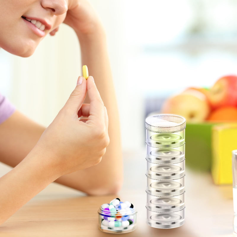 Sieral 6 Pack 7 Day Stackable Pill Organizers Round Pill Organizer Case Stackable Weekly Supplements Vitamins Individual Storage Container Boxes Holder Dispenser with Lids for Travel Medicine, Clear