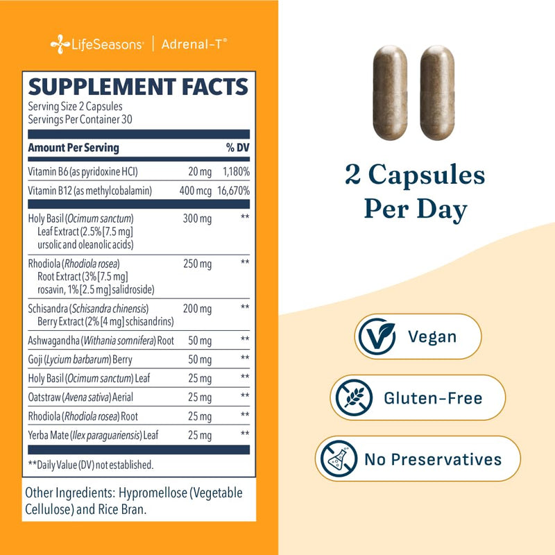 LifeSeasons Adrenal-T - Adrenal Fatigue Support Supplement - Helps Lower Cortisol - Avoid Burnout - Aids Stress Management - Energizing - with Ashwagandha Adaptogens - 60 Capsules 60 Count (Pack of 1)