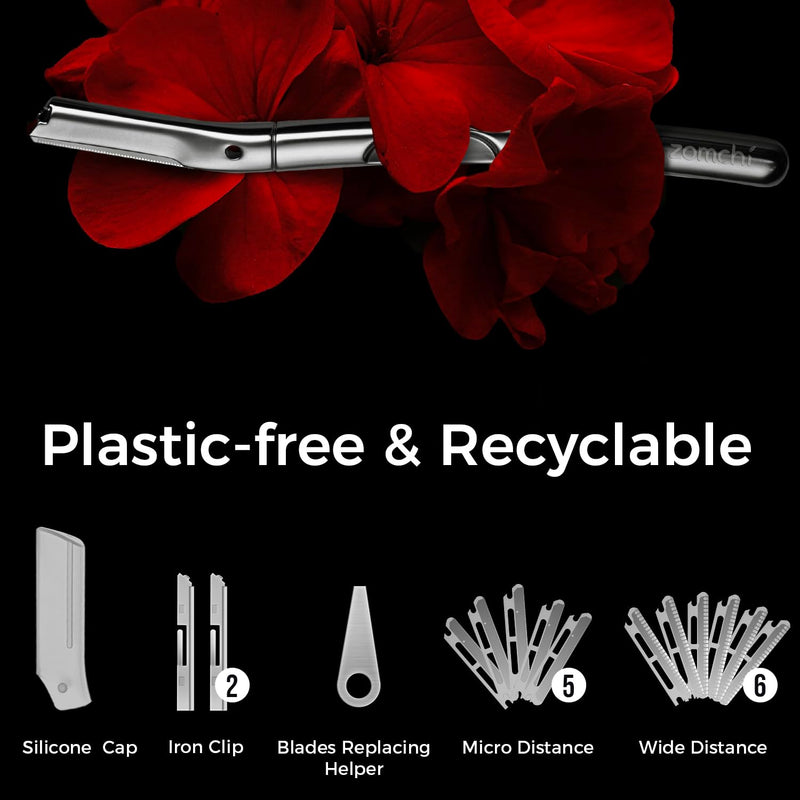 [Australia] - ZOMCHI Eyebrow Razor and Face Razor for Women and Men, Reusable Metal Handle with 11 Refill Blades, Dermaplane Razor with Protective Silicone Cap, Eyebrow Hair Trimmer - Polished Silver 