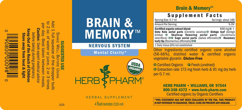 [Australia] - Herb Pharm Brain and Memory Liquid Herbal Formula with Ginkgo for Memory and Concentration, 4 Fl Oz 4 Fl Oz (Pack of 1) 