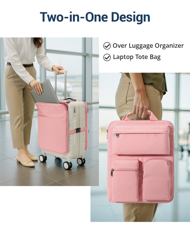 Over Luggage Organizer for Carry On Bag/Suitcase | 16” Laptop Sleeve with Handle, Portable Travel Accessories Bags for Luggage with Adjustable Harness Straps (Pink) pink