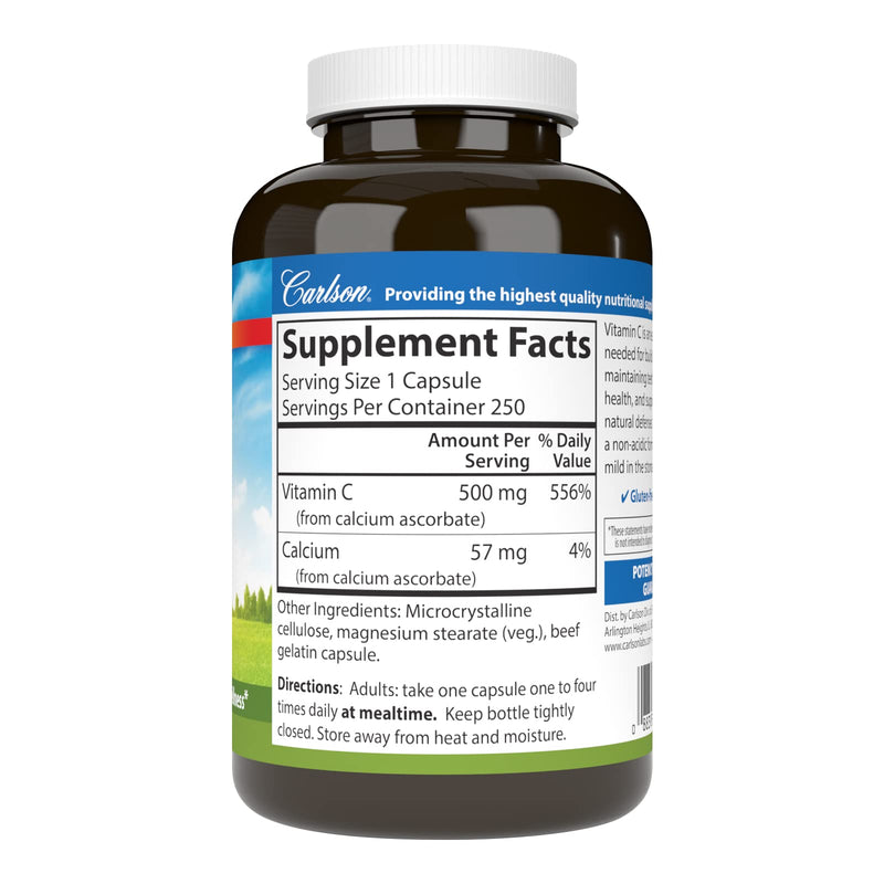 Carlson Mild-C, 500 mg, Buffered Vitamin C, Gentle on Teeth, 250 Capsules | Mild in Stomach; Optimal Wellness