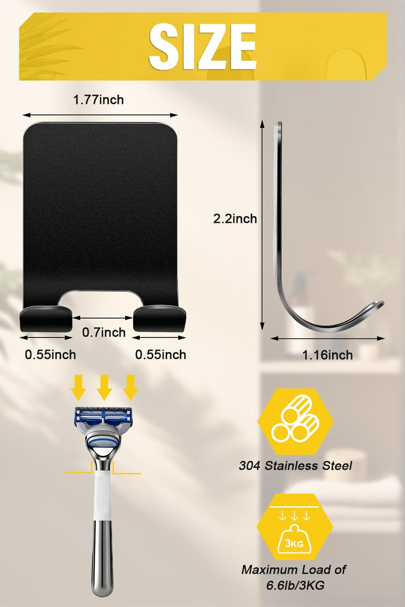 [Australia] - Caianwin Pack of 2 Razor Holder Shower Self-Adhesive Hooks Black Razor Holder Shower Stainless Steel Adhesive Hooks, Bathroom and Kitchen Towel Holder without Drilling 2 Pieces Black 