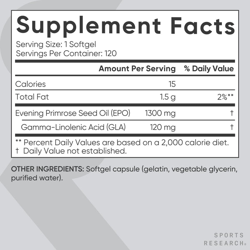 [Australia] - Sports Research Evening Primrose Oil (1300mg) 120 Liquid Softgels ~ Cold-Pressed with No fillers or Artificial Ingredients ~ Non-GMO & Gluten Free 120 Count (Pack of 1) 