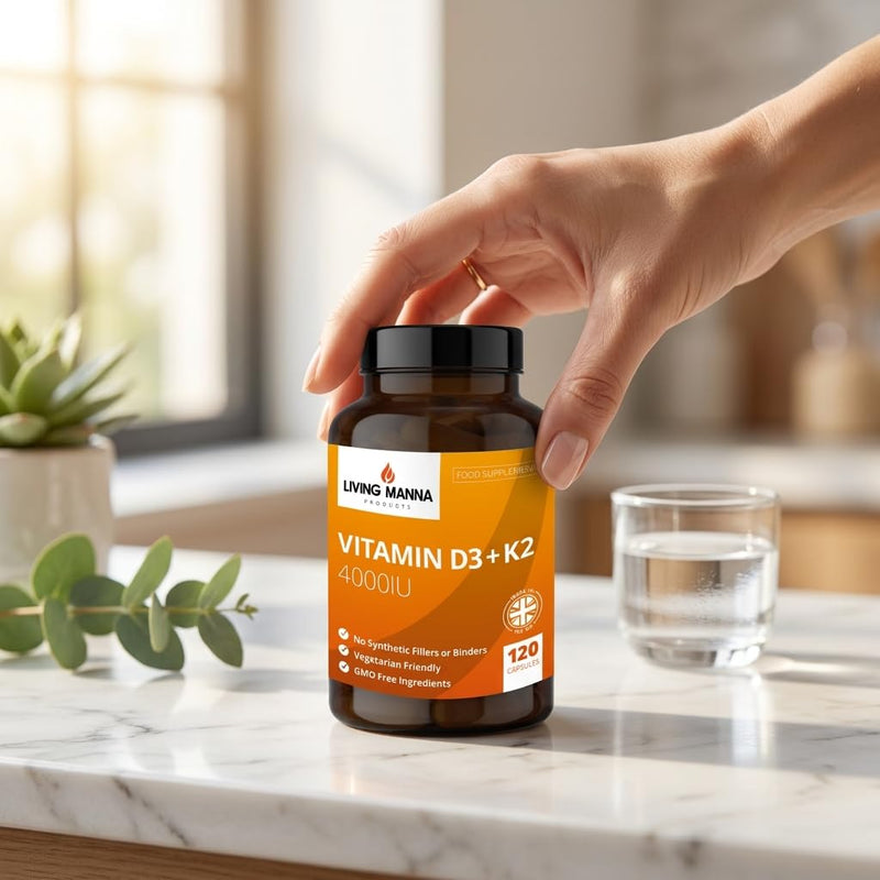 Vitamin D3 4000 IU + K2 MK‑7 100mcg High Strength | 120 Vegetarian Capsules | Bone, Immune & Heart Support | Pure D3 & K2 | UK Made – Living Manna 120 count (Pack of 1)