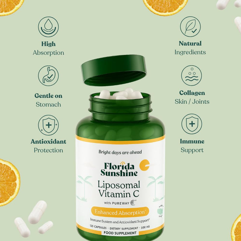 Florida Sunshine Liposomal Vitamin C 500mg - 120 Capsules | Optimized Absorption | Immune Support | Antioxidant Protection | Skin Care & Vitality