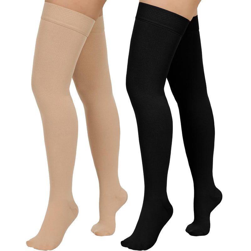 [Australia] - 2 Pairs Compression Stockings for Women & Men,20-30mmHg Thigh High Compression Socks,Closed Toe Medical Compression Socks with Silicone Dot Band-Best Support for Nursing Sports Varicose Veins Closed Toe--black and Beige Large 