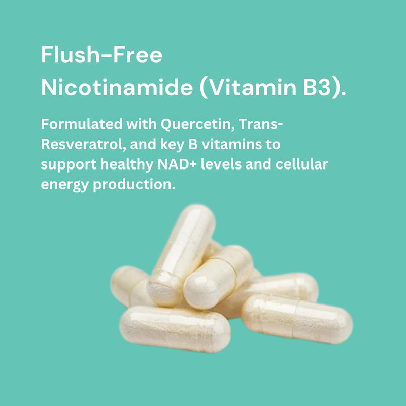 NAD+ Capsules 1,000mg Nicotinamide | Flush-Free B3, B12, Quercetin, L-Tryptophan & Resveratrol | Sugar-Free, Vegan NAD Supplement for Energy, Focus, Aging & Cellular Repair. 90 Capsules (30 Capsules) 30 Capsules