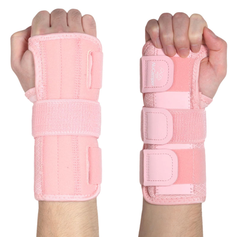 NuCamper Carpal Tunnel Wrist Brace Night Support for Men & Women, Adjustable Wrist Splint with 3 Straps and Metal Splint Stabilizer, Hand Brace for Pain Relief, Tendinitis - Right & Left Hands, S/M Pink-Right & Left