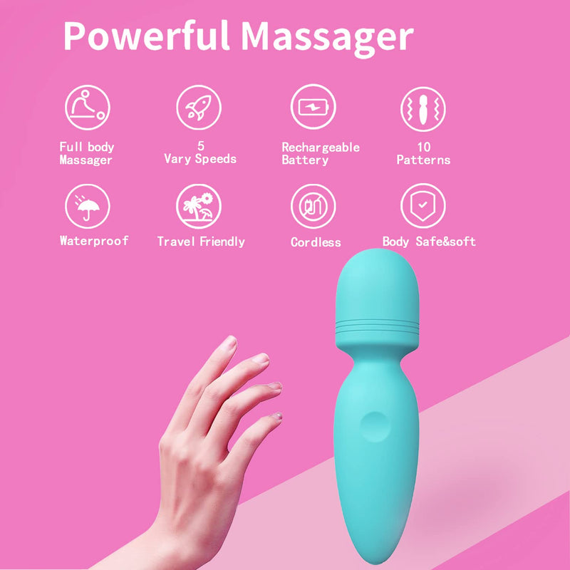 Mini Wand Massager,Small Cordless Handheld Massager with 10 Quiet Vibration Modes, Personal Handheld Rechargeable Massager for Neck Shoulder Back Body Green