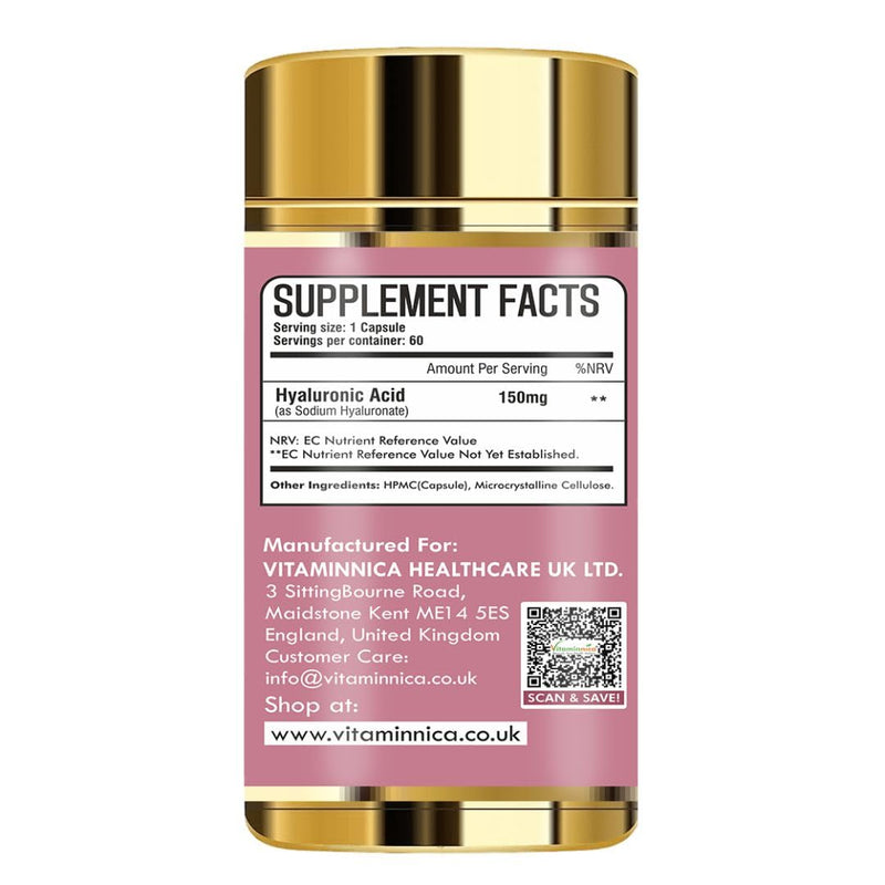 Vitaminnica Hyaluronic Acid Capsules 60 Count – High Strength Hydration Support for Skin, Joints & Hair | Beauty & Joint Care Supplement