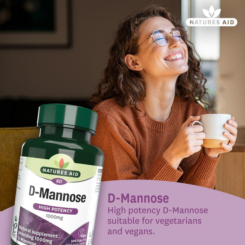 Natures Aid D-Mannose 1000mg - High Strength - Supports Urinary Tract Health - Vegan - Non-GMO - Gluten Free - Antioxidant Support - Food Supplement for Women & Men - 60 Tablets