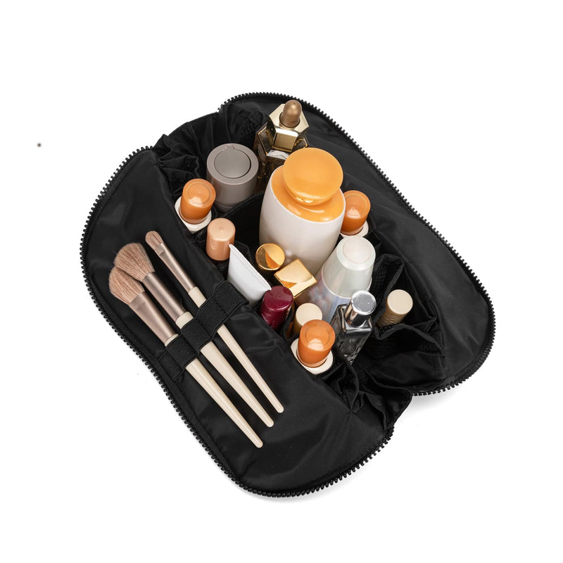 ITSCOSY Vertical Makeup Bag for Women，Waterproof Toiletry Bag,Travel Foldable Storage Organizer, Large Capacity Cosmetic Bag with 27 Pockets,Daily Skincare&Toiletry and Travel Necessity (Black) Black