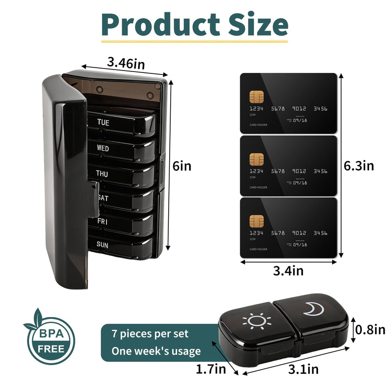 Vitamin Organizer, Gummy Vitamin Holder Daily Travel Pill Case, Weekly 7 Day Pill Box with Dual Layer Design, Two Openings, Easy to Open Medicine Keeper for Vitamins, Medications (Black)