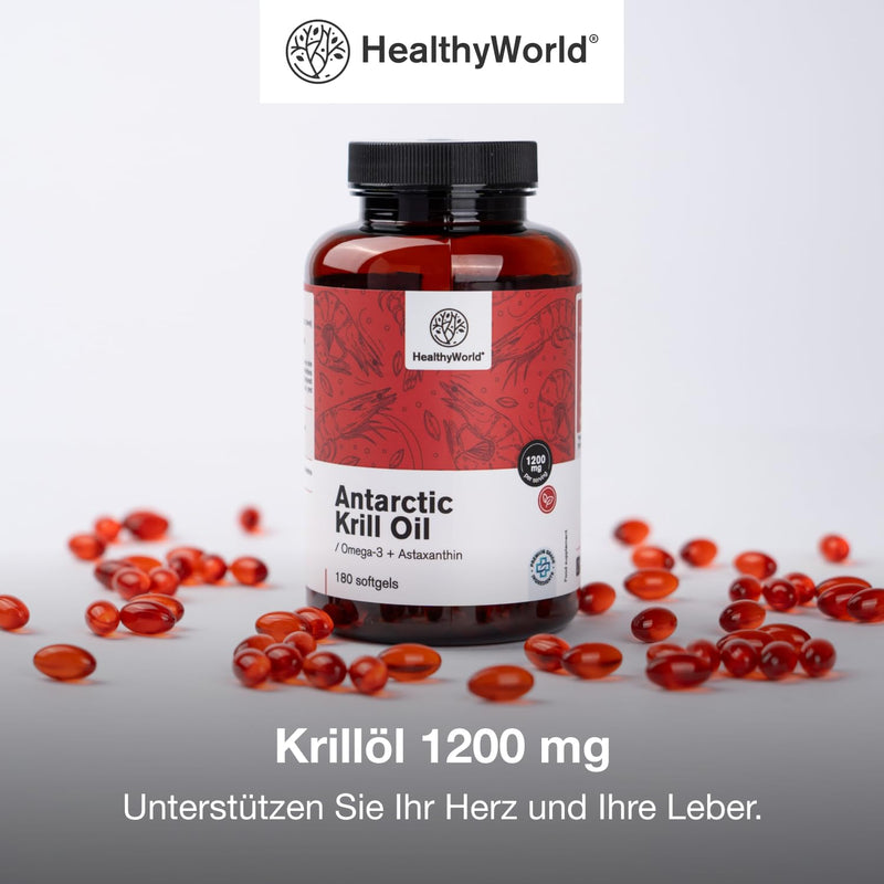 [Australia] - HealthyWorld® Krill Oil 1200 mg - 180 soft capsules - Omega-3 + Astaxanthin - Without gluten, lactose and artificial flavors - 3-month supply - Supports heart and circulatory function 
