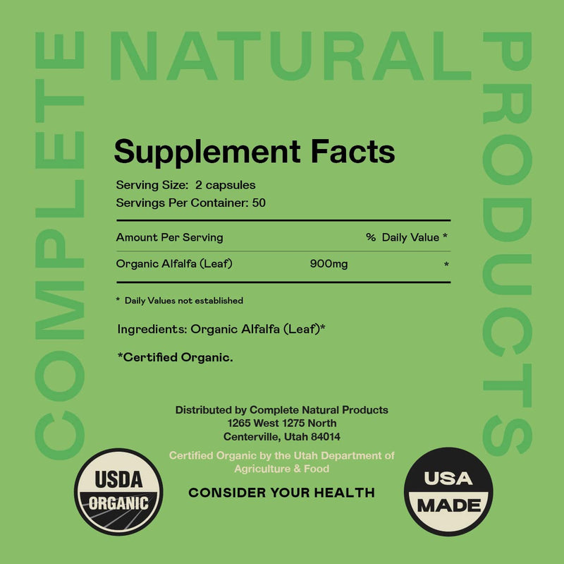 [Australia] - Complete Natural Products Pure Alfalfa Leaf (Medicago Sativa) - 100 Capsules - 630mg of Pure Dried Organic Alfalfa Leaf Powder in Veggie Capsules 