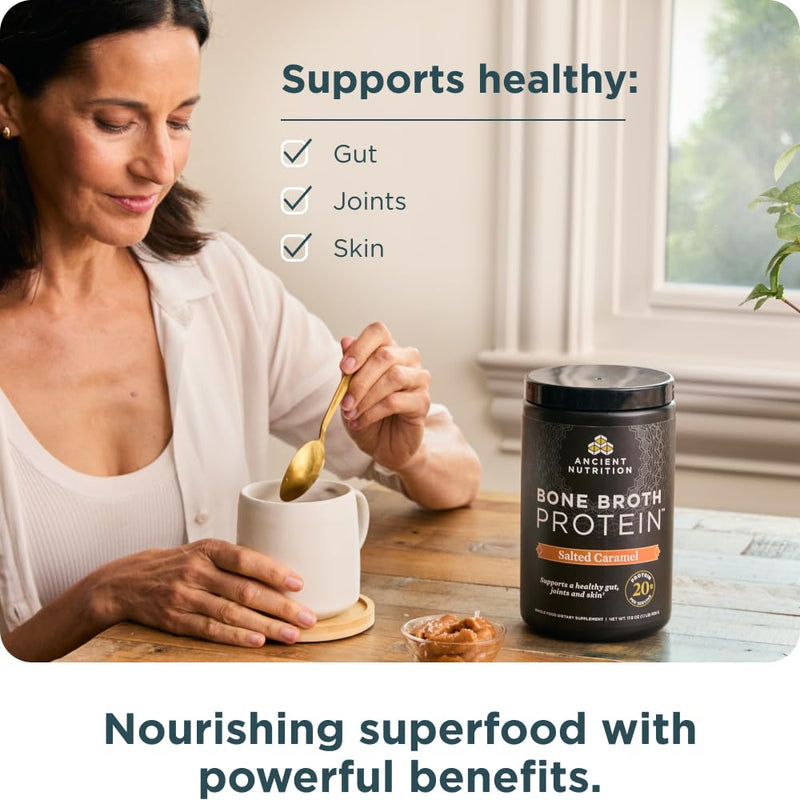 [Australia] - Ancient Nutrition Bone Broth Protein Powder, Salted Caramel, 19g Protein per Serving, Beef, Supports Healthy Skin, Gut Health, Joint Supplement, Gluten Free, Paleo and Keto Friendly, 20 Servings 