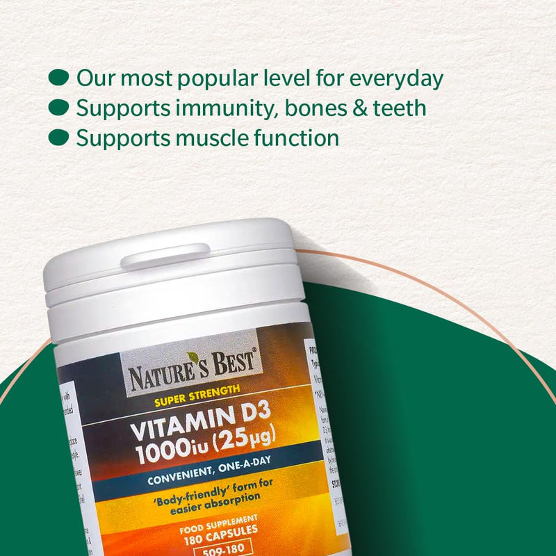 Nature's Best Vitamin D3 1000iu - High Strength & Highly Absorbable Supplement - UK Made - 180 Capsules (6 Months' Supply)