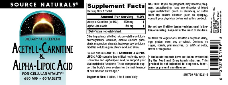 [Australia] - Source Naturals Acetyl L-Carnitine & Alpha-Lipoic Acid, for Cellular Vitality*, 650mg - 60 Tablets 60 Count (Pack of 1) 