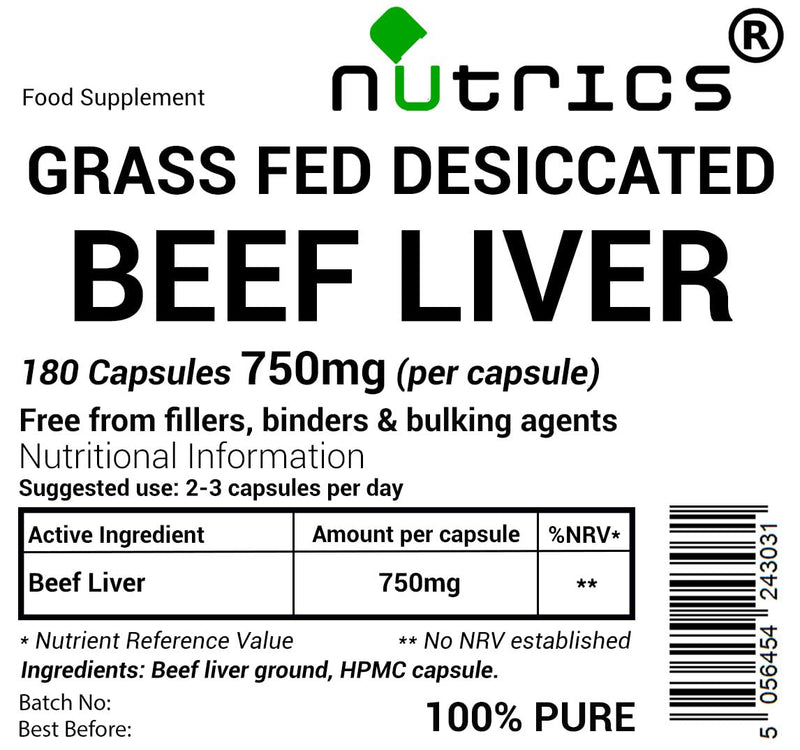 750mg (per Capsule) 180 Desiccated Beef Liver Capsules - Un-Defatted High Absorption - 100% Pure - Free from fillers, Binders & Bulking Agents (180 Capsules) (180)