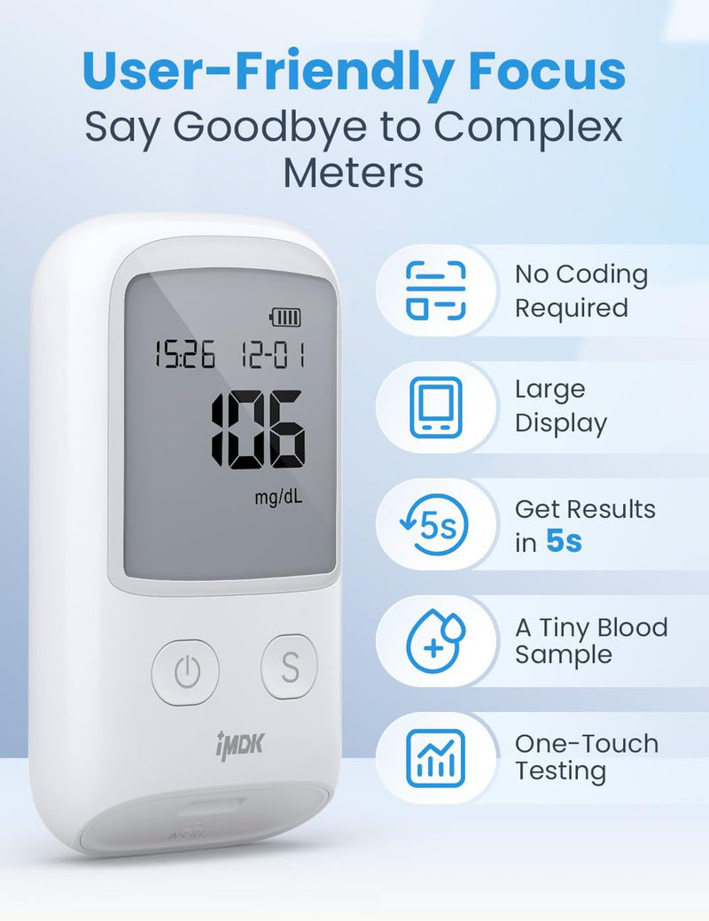 [Australia] - IMDK Blood Glucose Monitor Kit, 𝗖𝗹𝗶𝗻𝗶𝗰𝗮𝗹𝗹𝘆 𝗔𝗰𝗰𝘂𝗿𝗮𝘁𝗲 Blood Sugar Test Kit with 100 Glucometer Strips, 100 Lancets and 1 Lancing Devices, No Coding Required & Large Screen 