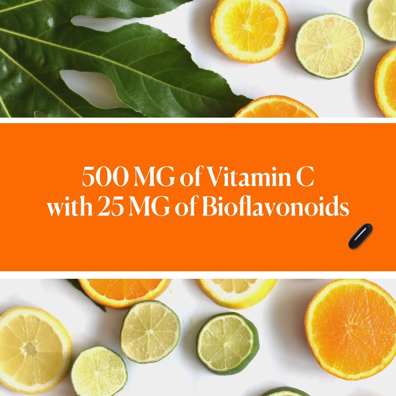 Vitamin C Supplement 500mg with 25mg Bioflavonoids, Ascorbic Acid–Immune, Antioxidant Support – No Soy, Gluten-Free, No Additives, Bioavailable Ingredients, Third-Party Tested (60 Softgels)