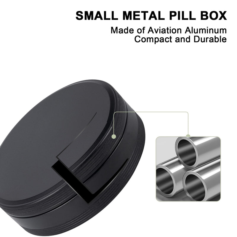 Metal Pill Case 4 Compartments - Travel Pill Organizer Waterproof | Small Pill Box for Purse, Compact Medicine Container Pill Dispensers Holder for Vitamin, Fish Oil, Supplement (Black) Black