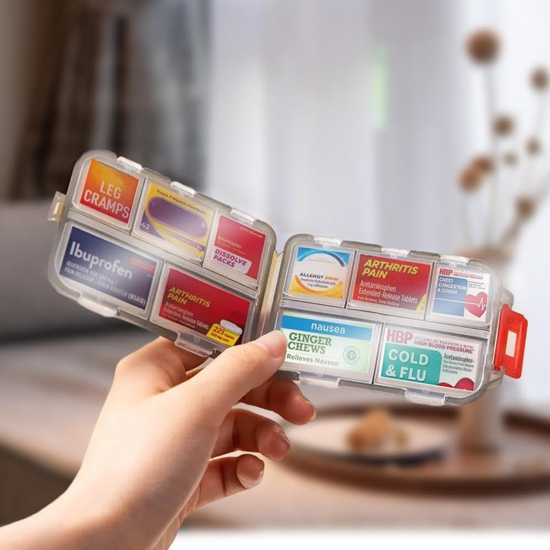Pill Organizer with 161 Medicine Labels, Daily Travel Pill Case (Purple) | Compact 10-compartment pill case and pill box with 161 medicine labels for 7-day planning, vitamins, supplements, and travel Purple Standard
