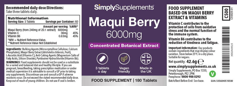 Maqui Berry Supplement 6000mg | with Vitamin C | Supports Immune Function & Reduces Fatigue | Vegan & Vegetarian Friendly | 180 Tablets = 2-Month Supply | GMP Certified and UK Made Unflavoured 1 count (Pack of 180)