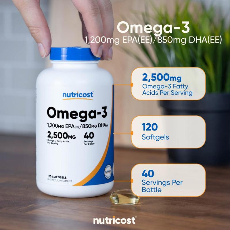 Nutricost Omega 3 Fish Oil - 2500MG, 120 Softgels (40 Serv) - Fish Oil, Wild Caught! 1200mg EPA 850mg DHA - Non-GMO, Gluten Free (Pack of 2) 120 Count (Pack of 2)