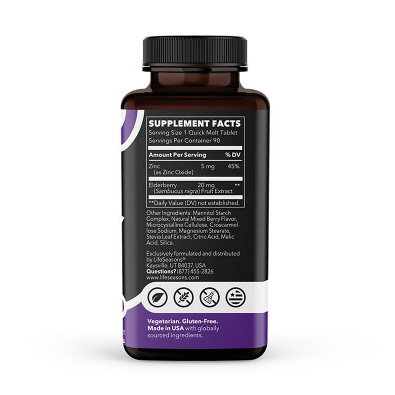 LifeSeasons Essentials Zinc Elderberry Quick Melts – Immune System Support Supplement – Zinc 5 mg + Elderberry Extract – Berry Flavor – Immunity Boosting Tablets – 90 Quick Melts