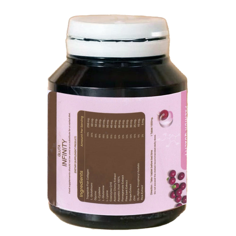 Gluta Infiniy 1000mg L-Glutathione Supplement Tripeptide Fish Collagen L-Glutamine Ascorbic Acid Cherry Grape & Pomegranate Extract Skin Nourishing Supplement Remove Acne Scar Freckles 30 Tablets