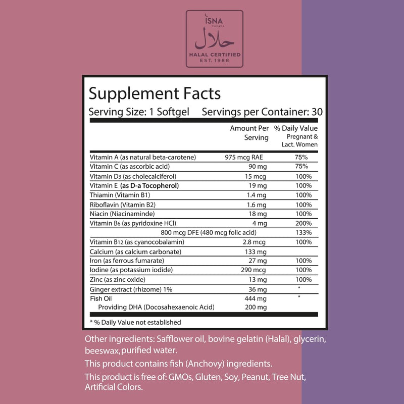 [Australia] - Noor Vitamins Halal Prenatal Vitamins with DHA and Folic Acid, Essential Vitamins, Ginger to Soothe Mom's Stomach, Iron, Softgels, Prenatal Vitamin Before/During/Post Pregnancy (1 Month Supply) 30 Count (Pack of 1) 