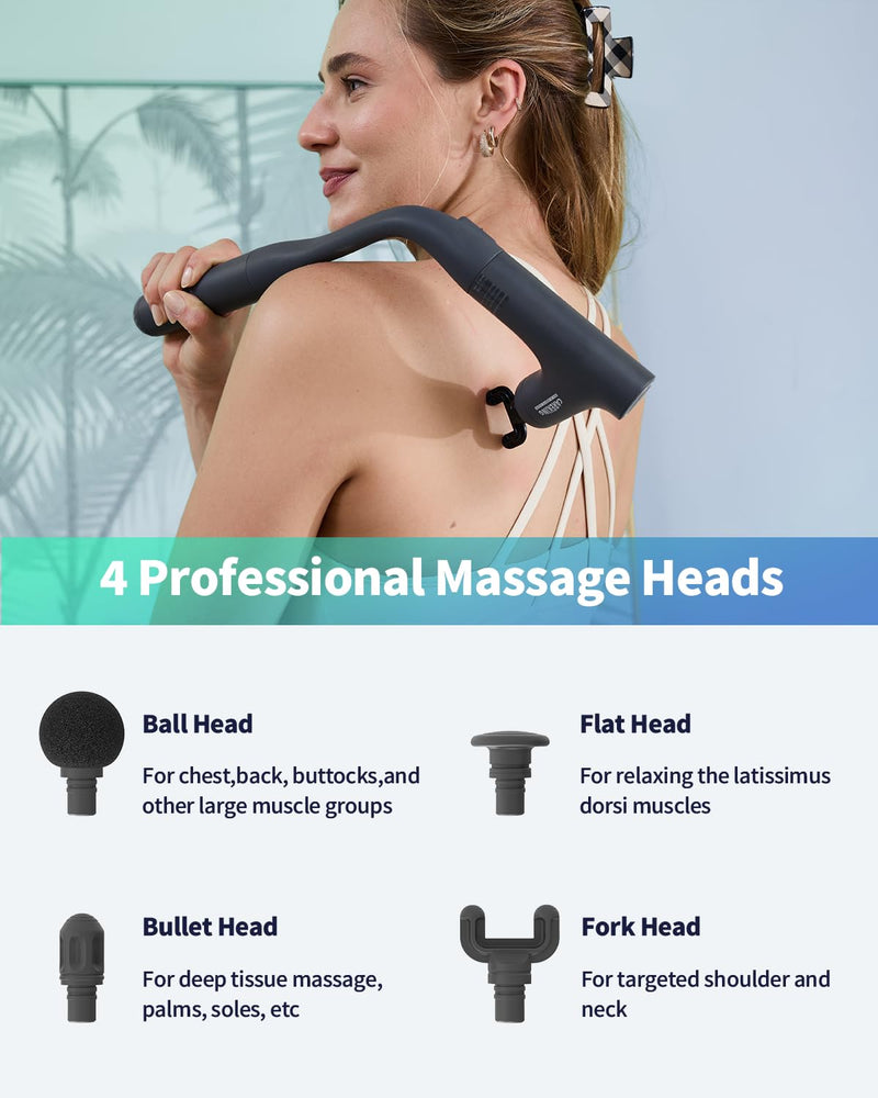 3-in-1 Detachable Massage Gun Deep Tissue with Extension Long Handle | Self back massage, back massager for pain relief, 3 handle styles, muscle massager for shoulder, neck, FSA-HSA eligible Grey