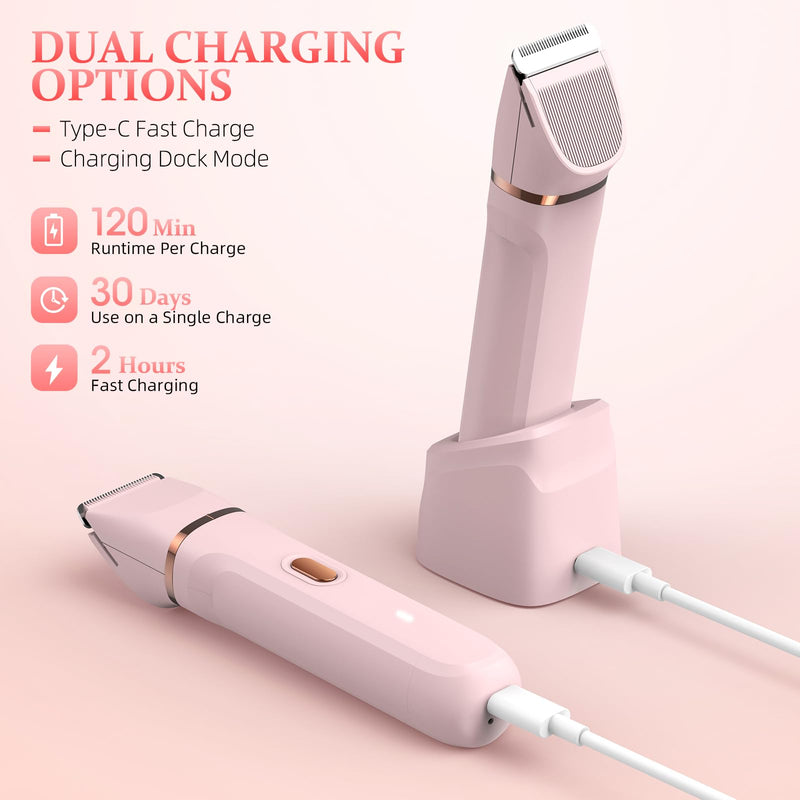 5-in-1 Bikini Trimmer for Women, IPX7 Waterproof Electric Razors Shaver, Cordless Body Hair Trimmer, Facial & Pubic Hair Removal, Ceramic Blade (Blush) A-pink