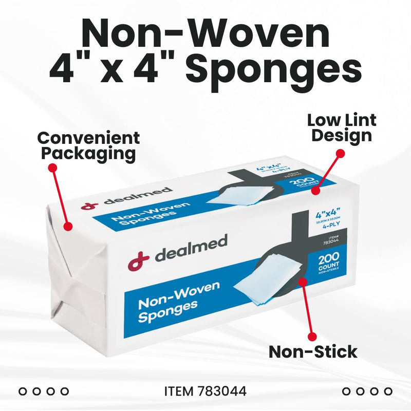 [Australia] - Dealmed Non-Woven Gauze Sponges - 4-Ply, 4" x 4" All-Purpose Non-Sterile Absorbent Dental Gauze Wound Care for First Aid Kit/Medical Facilities, 200 Count (Pack of 4) Pack of 4 