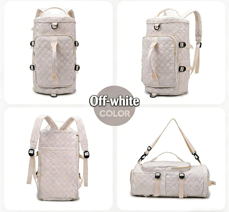 Jupkem Quilted Travel Duffel Bag Backpack Large-capacity independent shoe compartment Adjustable Carry Strap Gym Tote Bag (White) White
