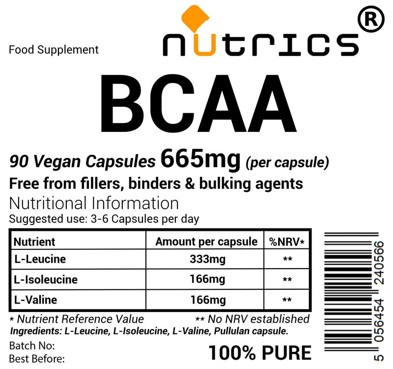 BCAA 665mg per Capsule 90 V Capsules - 100% Pure No Fillers, Binders or Bulking Agents - Vegan Vegetarian