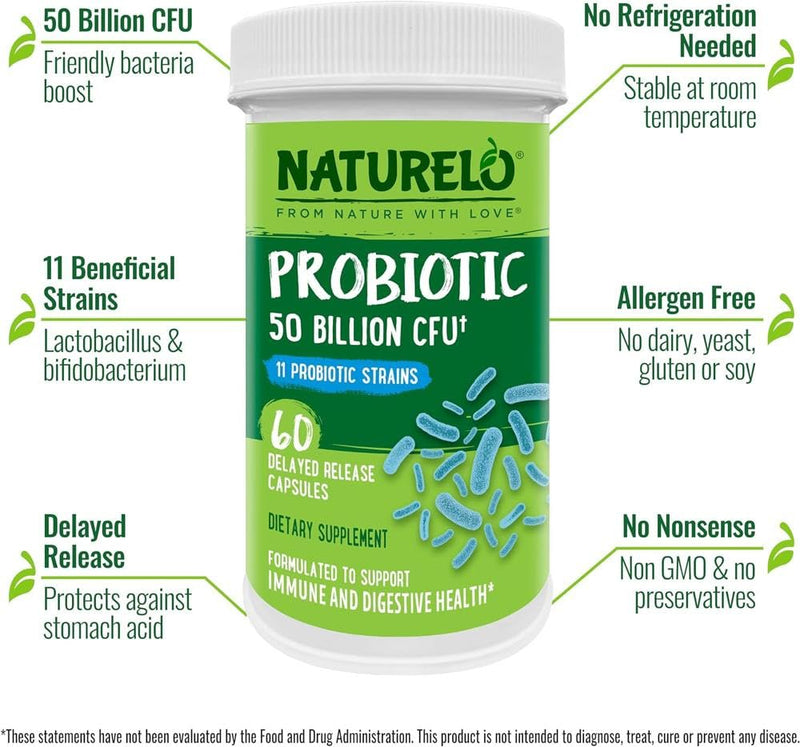 NATURELO Probiotic - Ultra Strength - 50 Billion CFU - 11 Lacto & Bifido Strains - One Daily - Gut-Friendly Bacteria - No Refrigeration Needed - 60 Vegan Capsules | 2 Month Supply 60 count (Pack of 1)