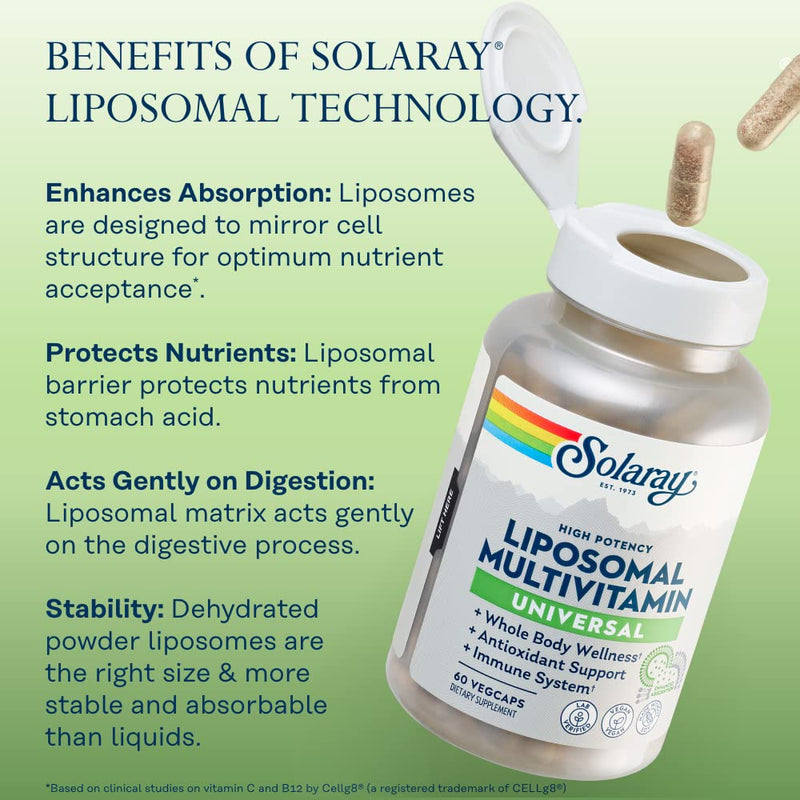 SOLARAY Liposomal Multivitamin Men & Women, 60 VegCaps | Daily Multivitamin, Enhanced Liposomal Absorption, Vitamins, Minerals, CoQ10 & Lutein, 30 Servings, Vegan & Lab Verified 60 Count (Pack of 1) Universal