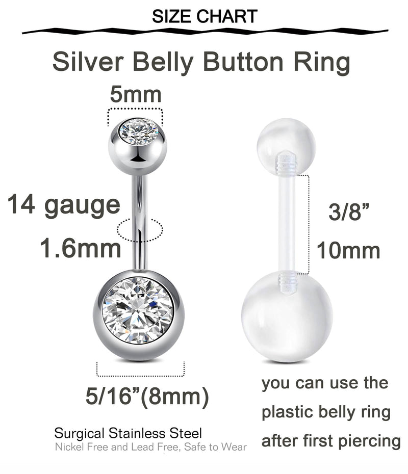 [Australia] - QWALIT Belly Button Piercing Kit Gun Belly Piercing Kit Belly Button Piercing Gun Navel Piercing Kit Belly Button Ring Piercing Kit Silver Belly Piercing Gun A1-round CZ-Silver 