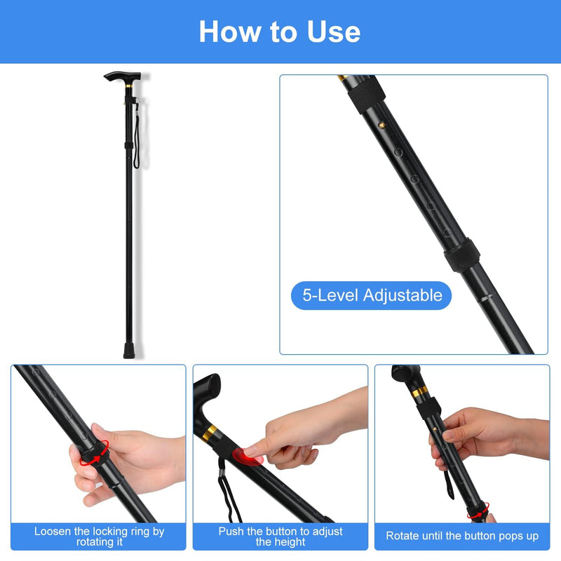 supregear Folding Cane, 5-Level Adjustable Height Walking Stick Lightweight Portable Cane Travel Cane with Wrist Strap and T Handle for Elderly Disabled Men Women Black