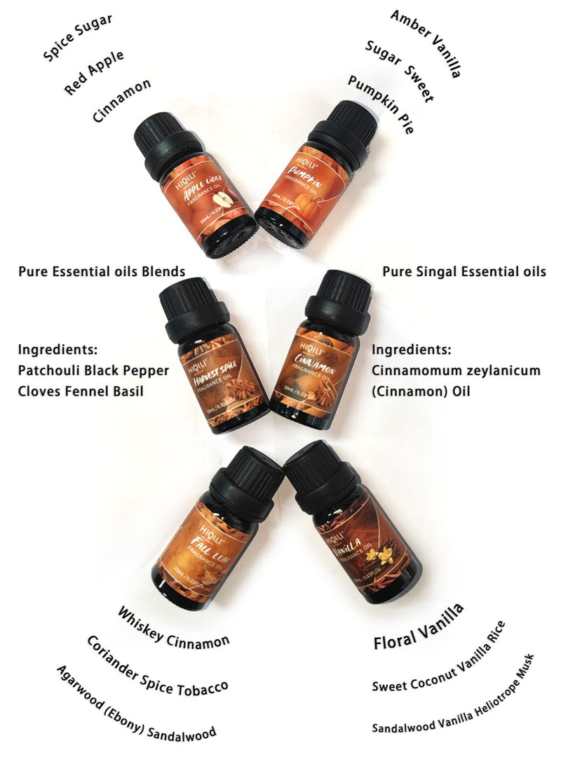 [Australia] - HIQILI Spice Fragrance Oil, Scented Oil 6x10ml for Candle Making Soap Slime, Fall Essential Oils for Diffuser Home, Cinnamon Pumpkin Vanilla Apple Cider Harvest Spice Fall Leaf, Christmas 0.33 Fl Oz (Pack of 6) 