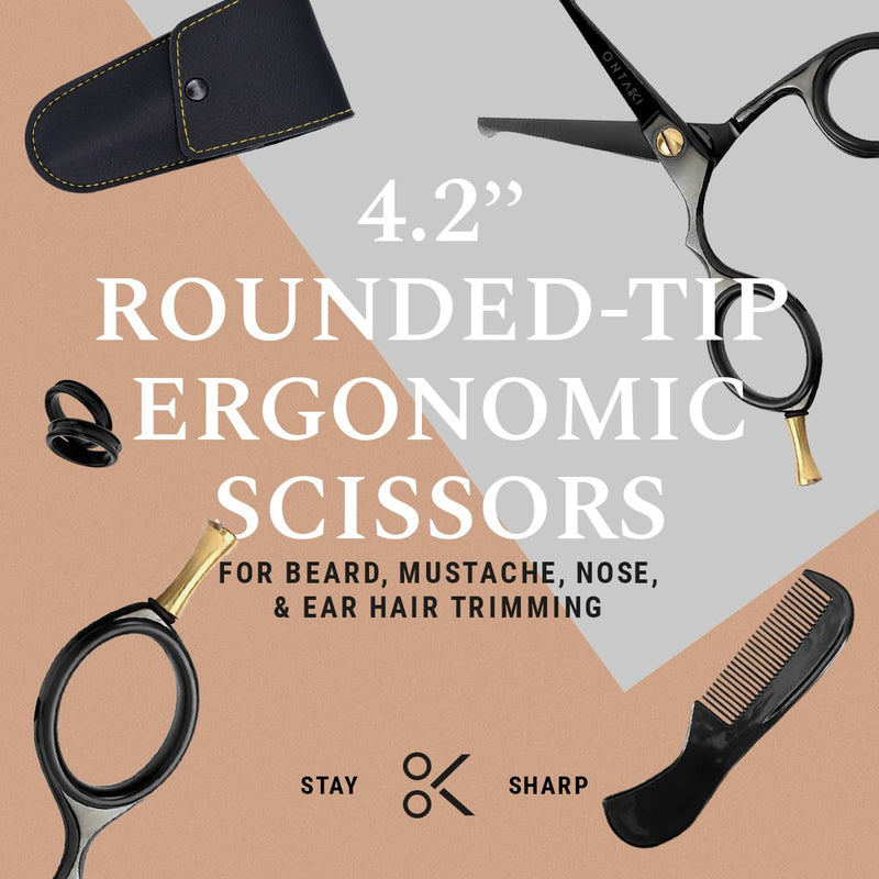 Ontaki Mustache Scissors - 4.2" Black Japanese Steel - Beard & Nose Hair Trimming Scissors for Men - Rounded Tip Ergonomic Handles - Hand-Forged Mustache Grooming Kit Black 4.2"