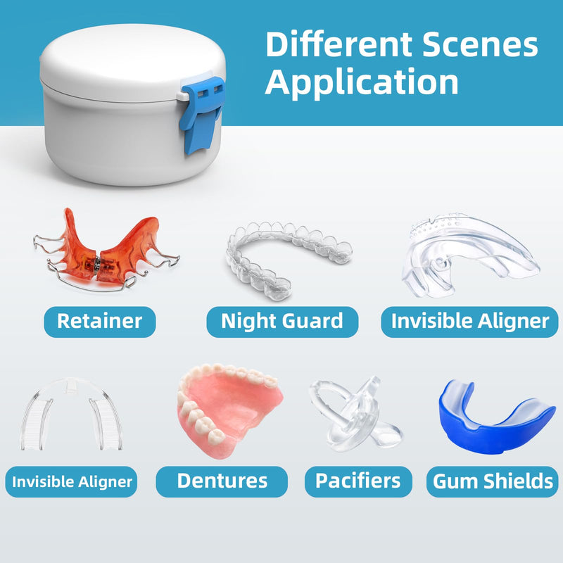 [Australia] - BVN Leak-Proof Denture Bath Cup for Travel, Denture Cup for Soak Dentures, Retainer Cleaning Case with Strainer (White + Blue) White + Blue 