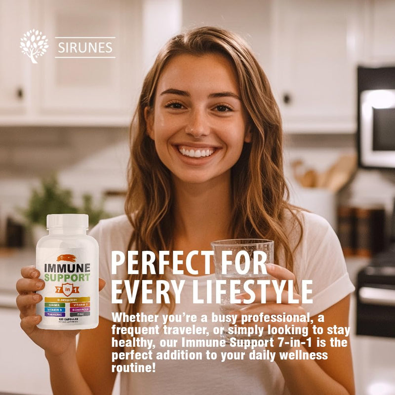 SIRUNES Immune Booster - Immunity Support Multivitamin with Vitamin C, D3, Elderberry, Zinc, Echinacea, Ginger & Turmeric - Antioxidant, Energy, Brain Health & Stress Relief (120 Capsules)
