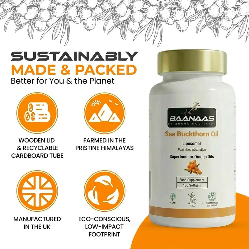 LIPOSOMAL Sea Buckthorn Oil Capsules 30,000mg | 180 Count | High Strength Vegan Supplement | Source of Omega 7 Essential Fatty Acids | No Artificial Preservatives | by Baanaas
