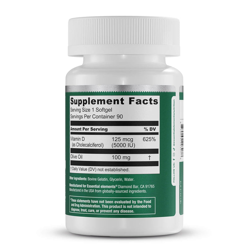Essential Elements Vitamin D3 5000 IU - Softgels with Olive Oil - Bone, Muscle, & Immune Support - 90 Count (Pack of 2) 90 Count (Pack of 2)