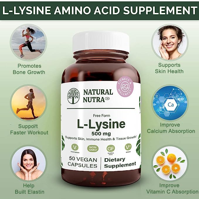 Natural Nutra L Lysine HCl Supplement, Vegan, 500 mg, 50 Capsules | Promotes Bone Health & Growth, Supports Skin Health, Improves Vitamin C Absorption, Improves Calcium Absorption, Non-GMO 50 Count (Pack of 1)